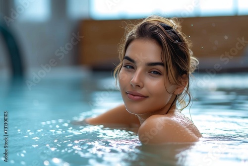 A youthful woman gazes serenely at the camera while submerged in a sparkling indoor pool  her features reflecting the tranquility of the water as she swims gracefully