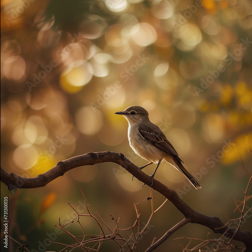 Serene Bird Perched on a Branch with Golden Bokeh Background © HustlePlayground