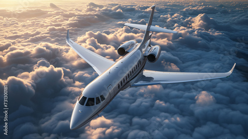 A mesmerizing aerial view of a cutting-edge luxury private jet, boasting a sleek and sophisticated design that exudes exclusivity and prestige. The pristine aircraft soars through the clear