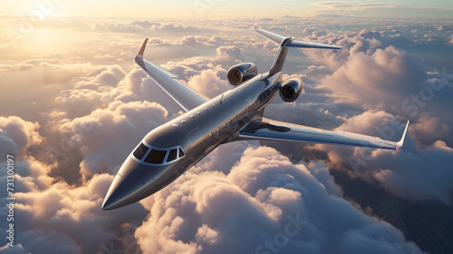 A stunning mockup of a luxury private jet soaring through the clouds, highlighting its sleek and elegant design. This exclusive aircraft perfectly represents opulence and sophistication, inv