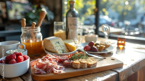 Sunlit cafe tables feature artfully arranged breakfast boards with artisanal cheeses