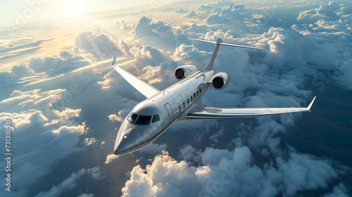 A captivating stock image of a magnificent luxury private jet soaring through the clear blue sky, highlighting its elegantly streamlined design and unparalleled exclusivity.
