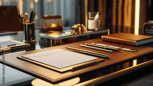 A visually stunning luxury stationery set mockup showcased on an exquisite executive desk, highlighting the impeccable design and premium materials of the stationery. Perfect for presenting