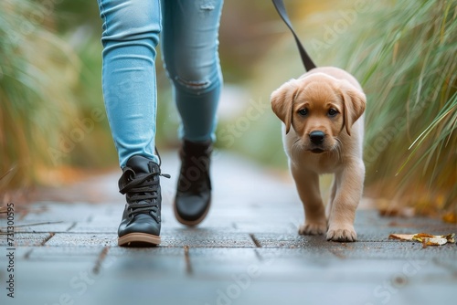 A stylish person stands on the ground, sporting jeans and comfortable footwear while walking a lively puppy of a popular dog breed on a leash in the great outdoors