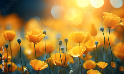 Field of yellow poppy wild flowers in the morning warm light  generative AI