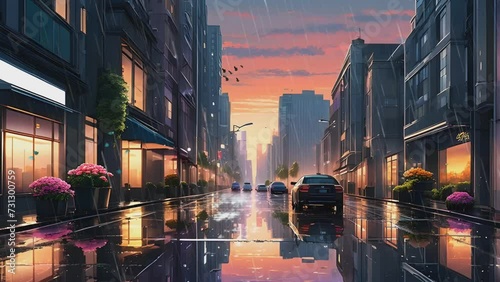 urban street atmosphere with tall buildings, reflection of buildings and sky on the street when it rains, in anime style photo
