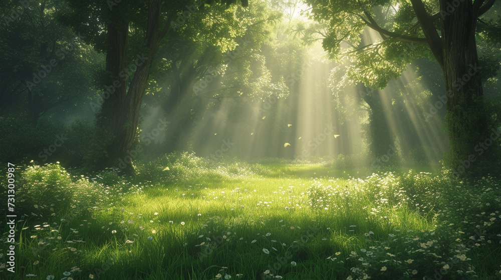A verdant forest glade with sunlight filtering through the canopy, where nymphs and fauns frolic in the dappled shadows.