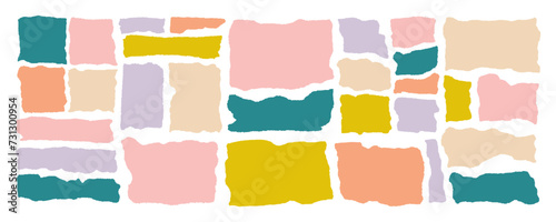 Jagged shapes, ripped paper set. Torn rectangle frames with jagged edges, and textured grunge elements. Silhouettes and vector illustration is isolated in the background. Pastel beige and green colors