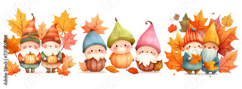 Cheerful forest gnomes with a gray beard and in funny caps with pumpkins and yellow leaves