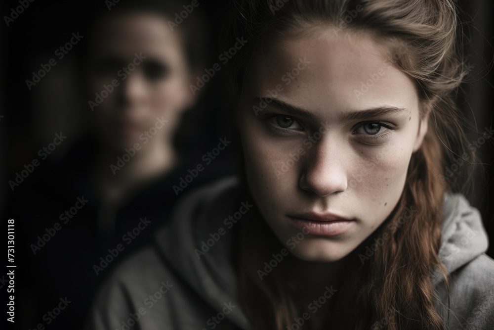 Close-up portrait of a serious teenage girl with neutral expression, long light brown hair, and gray hoodie. Blurred background with distant figure Close-up portrait of a serious teenage girl with neutral expression, long light brown hair, and gray hoodie. Blurred background with distant figure