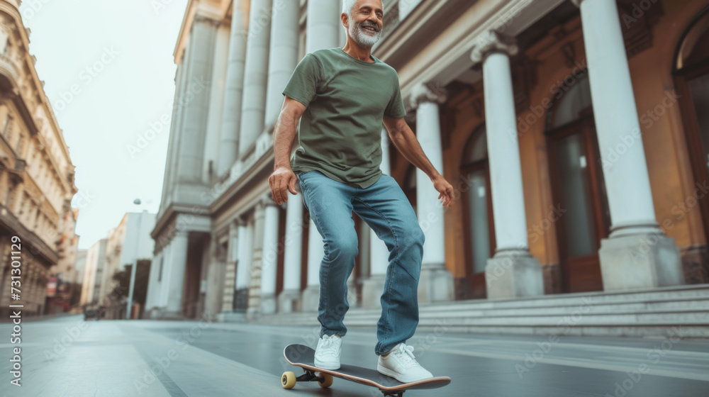 A mature man skateboards on an urban street, demonstrating balance and an active lifestyle against a backdrop of classic architecture.