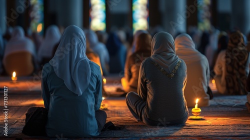 Spiritual photos of worshippers attending Taraweeh prayers at mosques or in community gatherings
