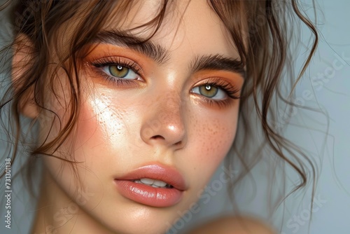 A stunning portrait captures a woman's natural beauty with her brown hair and freckled skin, enhanced by carefully applied makeup including eyelash extensions, eye liner, and lipstick, drawing attent