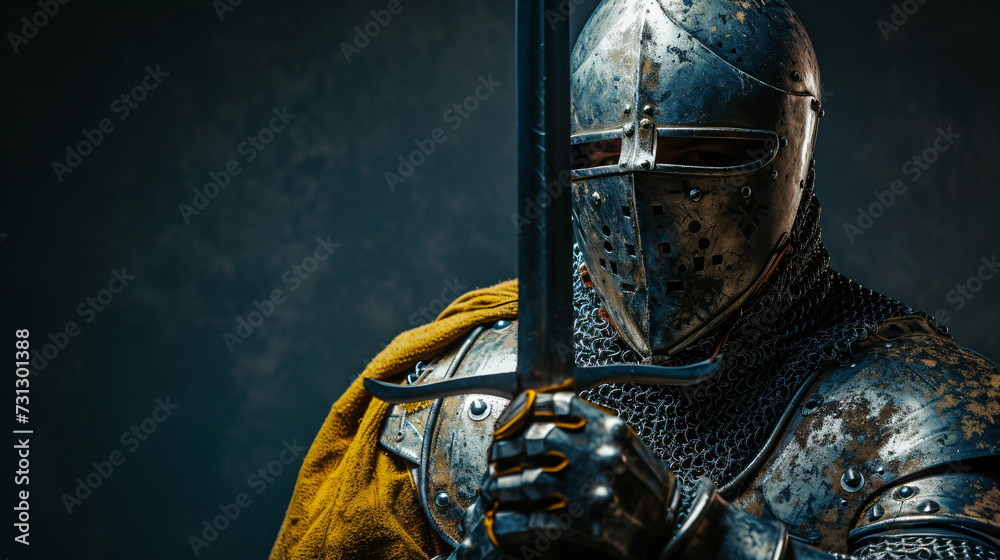 A gallant medieval knight reenactor in his late 30s, donning a suit of armor, exudes an aura of chivalrous valor. His noble appearance and unwavering determination bring history to life. - obrazy, fototapety, plakaty 