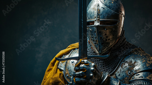 A gallant medieval knight reenactor in his late 30s, donning a suit of armor, exudes an aura of chivalrous valor. His noble appearance and unwavering determination bring history to life. photo
