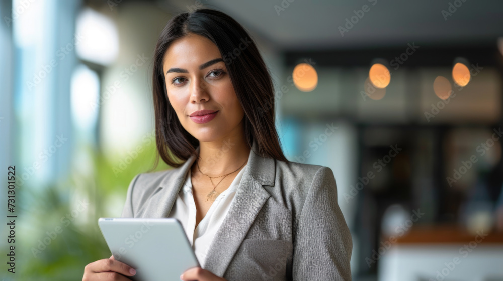 young woman is holding a tablet young woman is holding a tablet