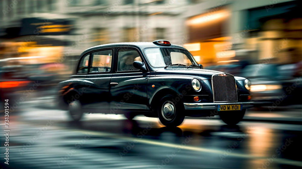 Dynamic city environment with moving taxi car and blur lights of buildings at dusk.