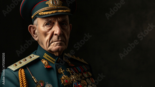 A distinguished military general in his late 50s embodies authority and power with a stern, commanding presence. His decorated uniform showcases his impressive achievements, adorned with num photo