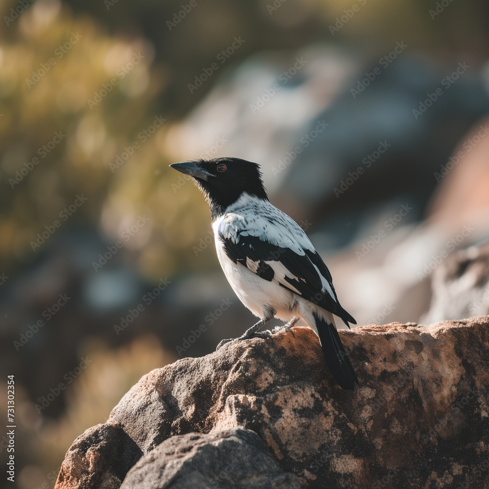 Obraz premium Black and White Bird Perched on a Rocky Outcrop in Natural Habitat