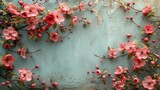 Pink flowers on a turquoise background in vintage style, blooming plants on a branch
