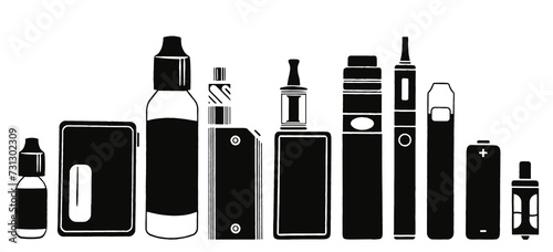 collection d'illustrations de cigarettes électroniques et liquides dans un style pictogramme détouré en noir et blanc
