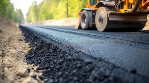 Asphalt road roller presses new hot asphalt on roadway. Roadwork 