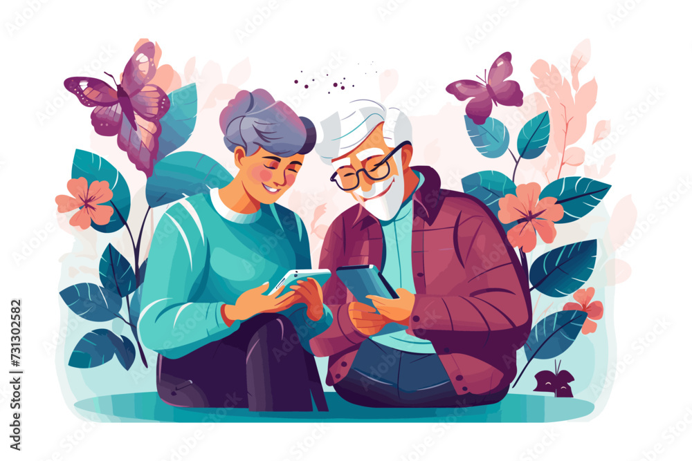 old couple looking at smartphone vector flat isolated illustration old couple looking at smartphone vector flat isolated illustration