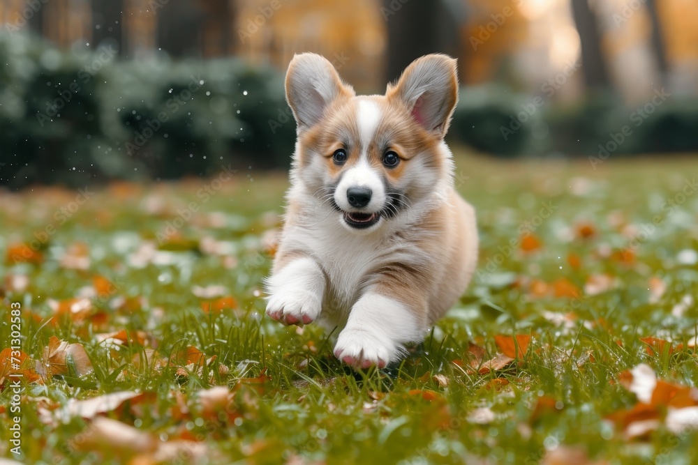 A playful corgi puppy joyfully dashes through a vibrant green field, embodying the pure and carefree spirit of a beloved outdoor pet