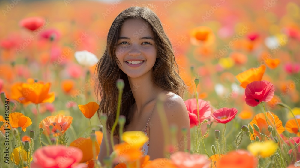 Joy dances in her eyes as she poses amidst a sea of vibrant poppies