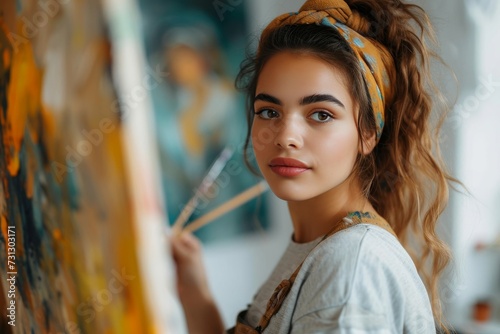 A young lady delicately transforms her canvas with a stunning portrait of a girl, adorned in fashionable clothing and long, flowing hair, while capturing the essence of feminine beauty through art