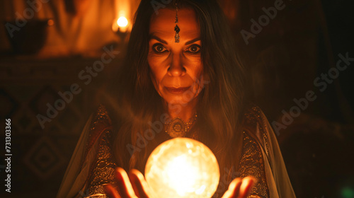 A captivating fortune teller in her enigmatic forties, exuding an aura of profound wisdom. Adorned with flowing dark hair and draped attire, she holds the secrets of the universe within her