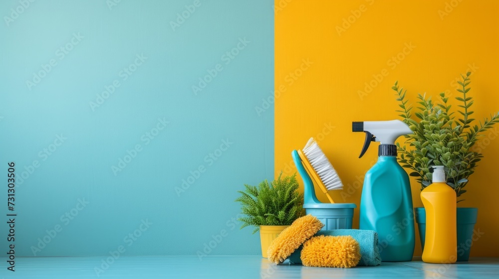 Simple backgrounds accented with cleaning tools, conveying simplicity and orderliness - obrazy, fototapety, plakaty 