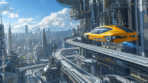 Fotografie, Tablou Bustling megapolis embraces flying yellow cabs for efficient urban travel in fut