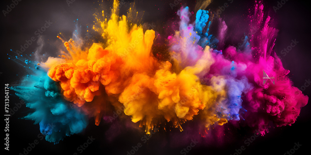 Colourful smoke Vibrant colors explode in a futuristic galaxy backdrop illustration Colored powder explosion on black background. 