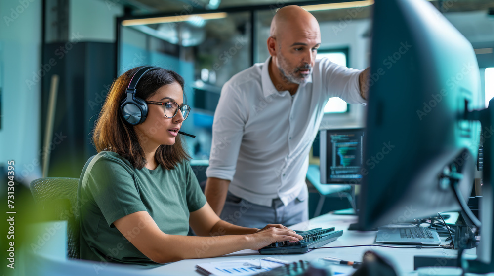 two professionals in an office setting, where a woman is seated at a computer wearing headphones two professionals in an office setting, where a woman is seated at a computer wearing headphones