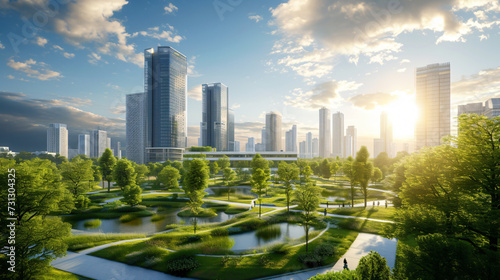 A breathtaking panoramic view of a futuristic, eco-friendly cityscape boasting lush green spaces and innovative renewable energy sources. This sustainable urban oasis seamlessly blends moder