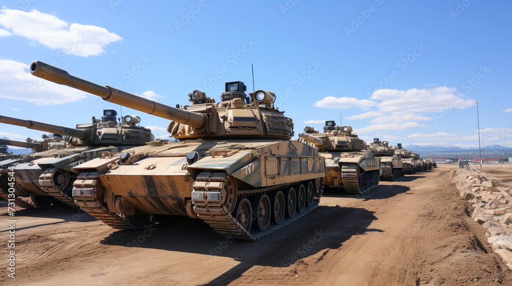 Group of main battle tanks. A convoy of military vehicles travel Group of main battle tanks. A convoy of military vehicles travel