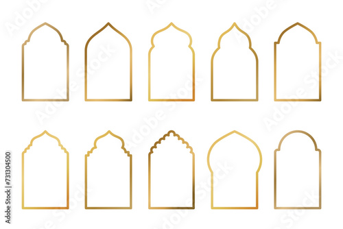 Set of gold flat arab windows frame silhouettes. Vector illustration. Ramadan Kareem labels for invitation card template. Arabic traditional architecture icons.