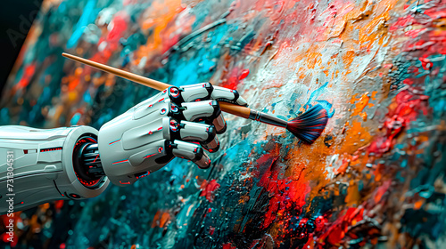 Artificial intelligence. The hand of a robot or android painting a canvas	 photo