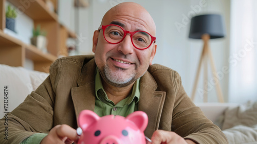 cheerful middle-aged man with glasses, inserting a coin into a pink piggy bank, symbolizing savings or investment, in a cozy home setting