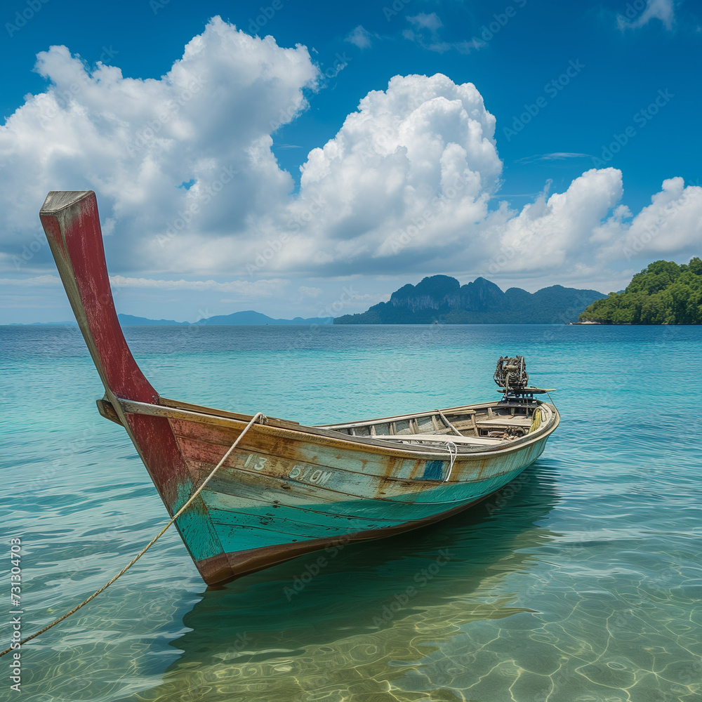 Traditional Longtail Boat on Crystal Clear Waters with Tropical Scenery