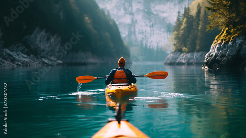 A fearless kayaker glides across the serene waters of a tranquil lake, embarking on an exhilarating adventure while reveling in the tranquility of nature's beauty.