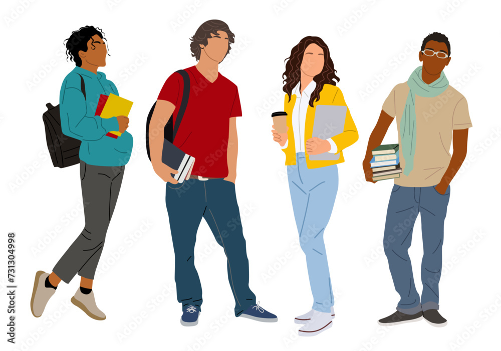 Group of multiracial and multicultural students. Young girls and boys holding books, folders standing and walking to college, university. Vector realistic illustration on transparent background.