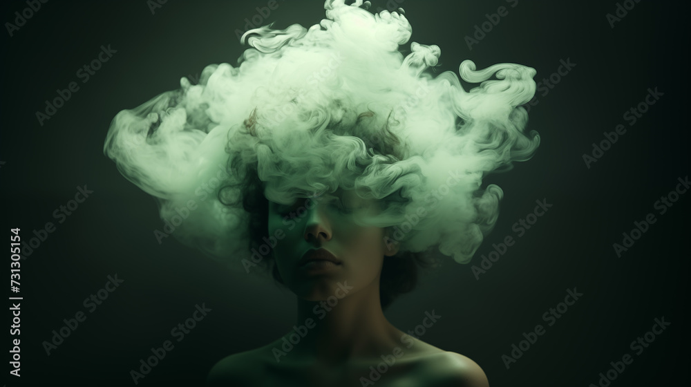 Portrait einer Frau mit grün beleuchtetem Rauch / Nebel um den Kopf vor dunklem Hintergrund. Illustration Portrait einer Frau mit grün beleuchtetem Rauch / Nebel um den Kopf vor dunklem Hintergrund. Illustration