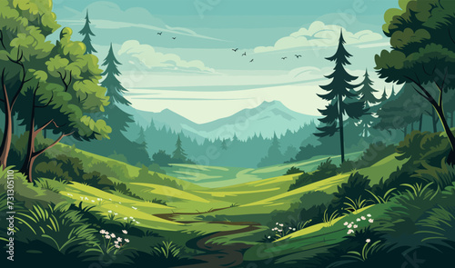 Forrest landscape with grass, nature inspired eco vector illustration photo