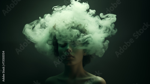 Portrait einer Frau mit grün beleuchtetem Rauch / Nebel um den Kopf vor dunklem Hintergrund. Illustration