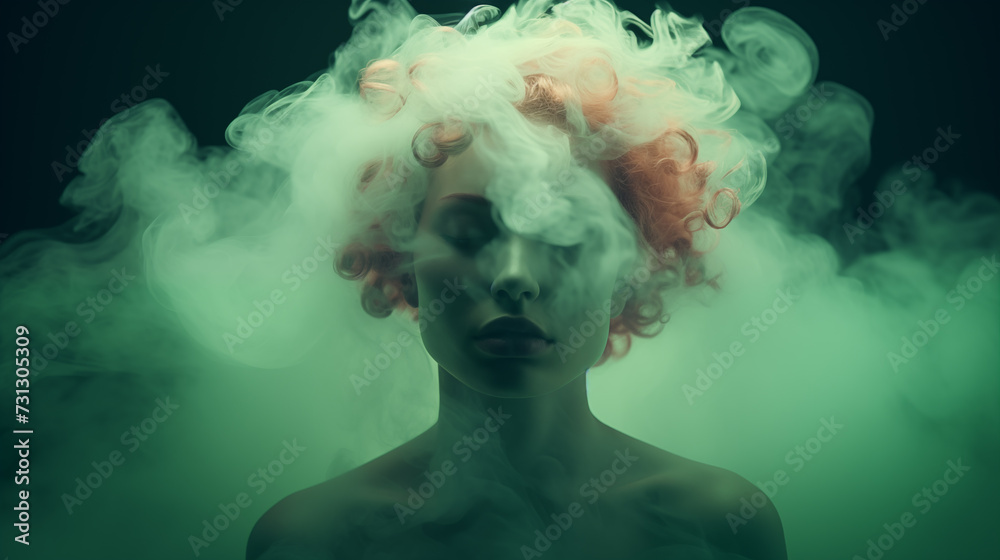 Portrait einer Frau mit grün beleuchtetem Rauch / Nebel um den Kopf vor dunklem Hintergrund. Illustration Portrait einer Frau mit grün beleuchtetem Rauch / Nebel um den Kopf vor dunklem Hintergrund. Illustration