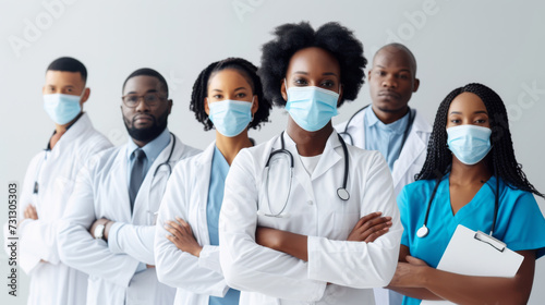 group of healthcare professionals in scrubs and protective masks are standing confidently