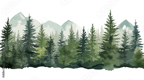 Watercolor mountains spruce trees landscape border, isolated hand drawn, watercolor illustration transparent background
