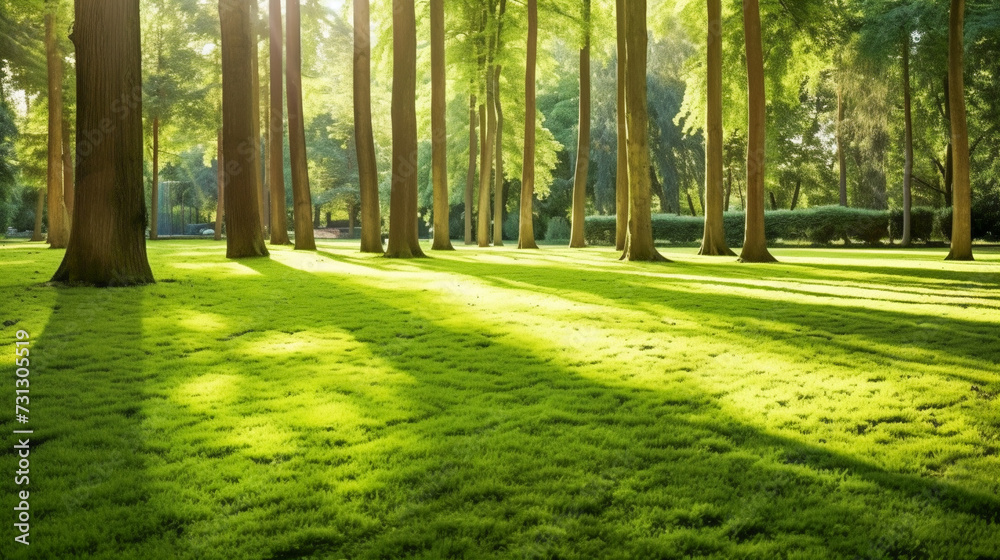 Obraz premium A Green Park Bathed in Morning Sunshine. Summer Splendor in the Heart of the Forest
